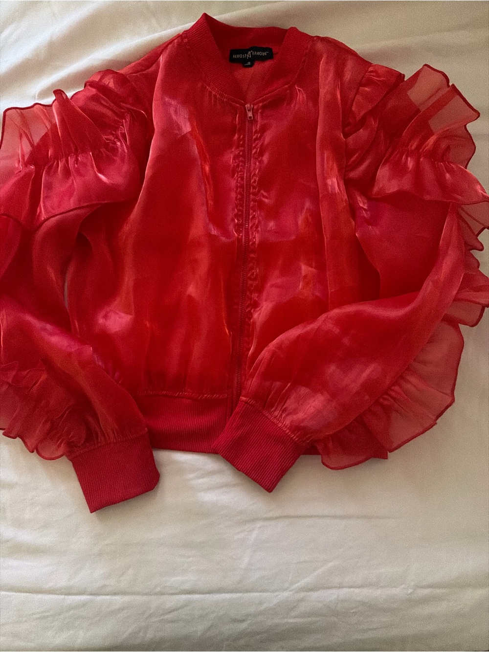 Sheer Ruffle Bomber Jacket - Red - Picture 6 of 12